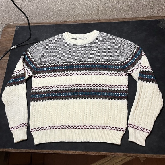 Vintage Fair Isle Cable Knit Mens Crew Neck Sweater Pullover - Picture 1 of 8